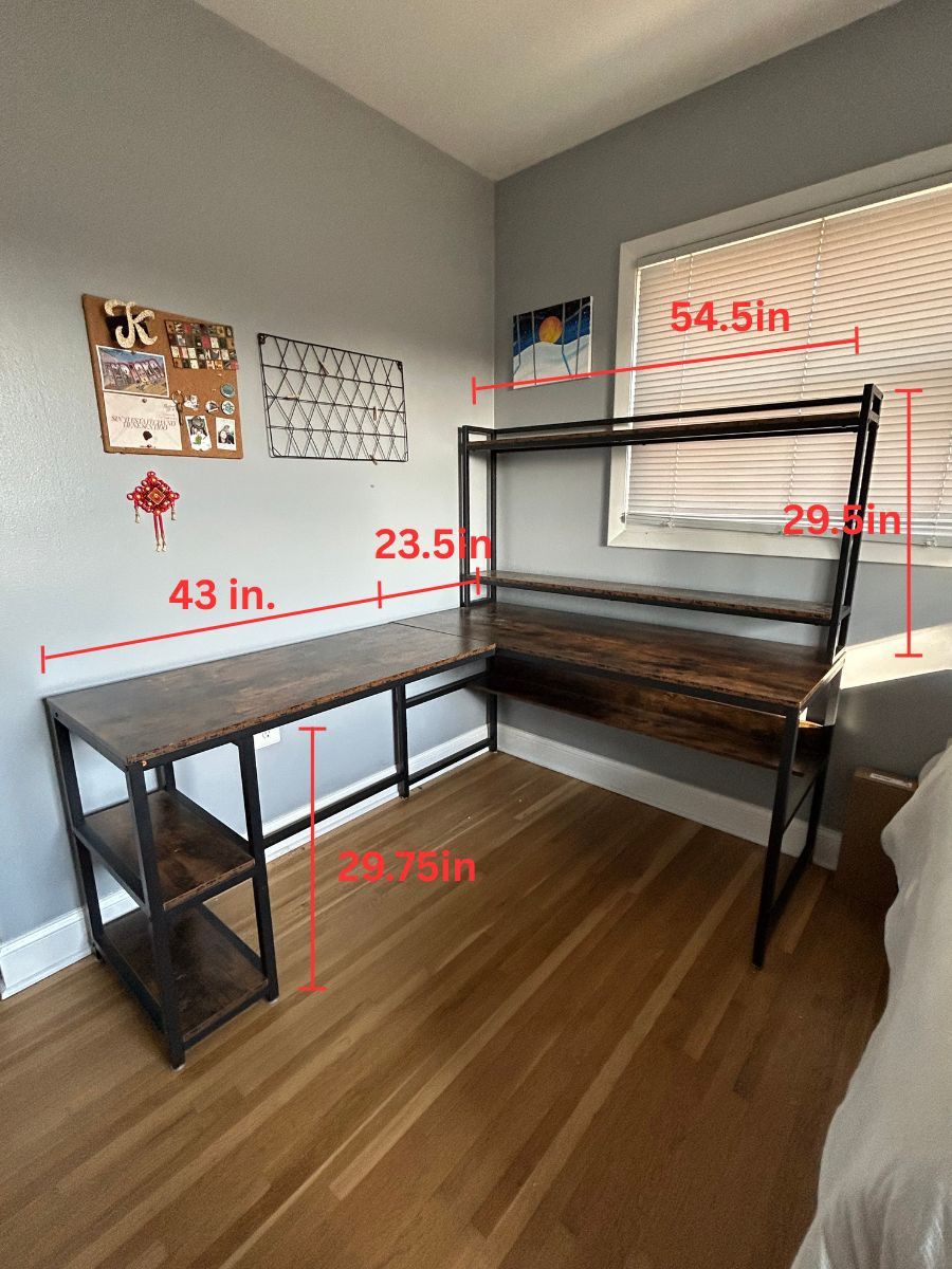 Industrial L-Shaped Desk with Shelving – Dark Wood & Metal