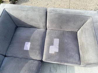 Grey velvet L shaped sectional sofa