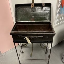Very Old, Rare And  Interesting Metal Steamer Trunk  On Metal Stand 