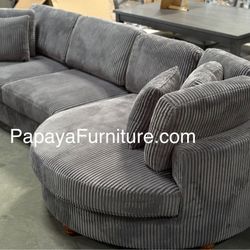 New 125” Gray Sectional Sofa With Round Chaise, Modern Sectional, Corduroy Sectional, Plush Couch, Gray Couch, Grey Sofa,Oversized Chaise Lounge Couch