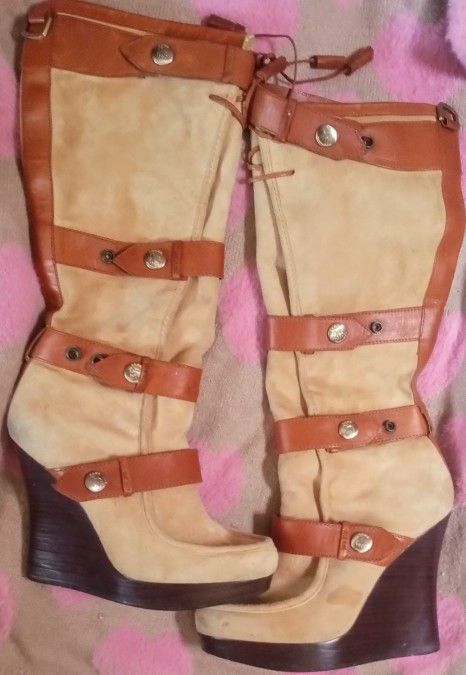 LAMB Suede Strappy Wedge Knee-high Boots HTF
