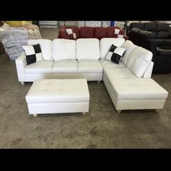 White Leather Sectional Couch And Ottoman
