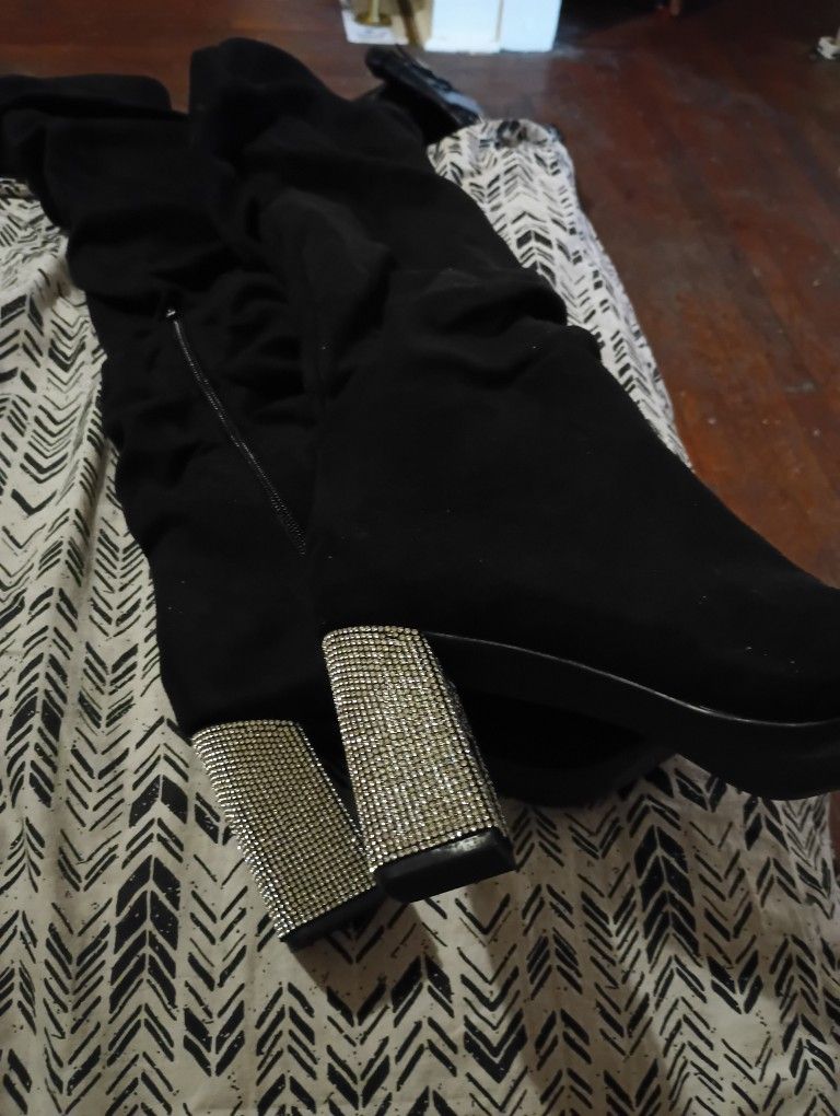 Black Rhinestone Heel Knee Boots