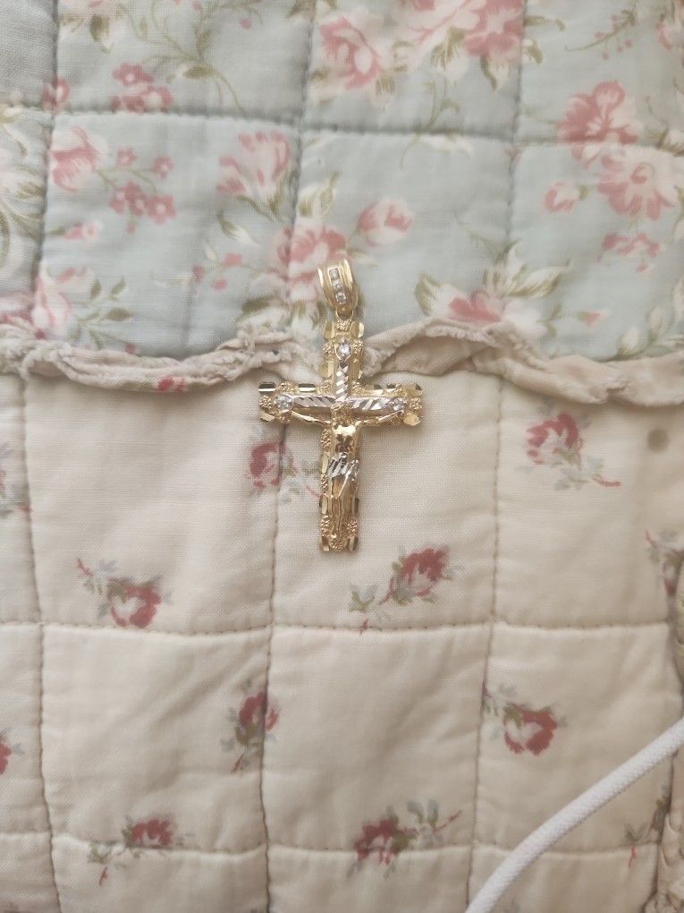 14K JESUS NUGGET CROSS PENDANT 2 TONE GOLD
