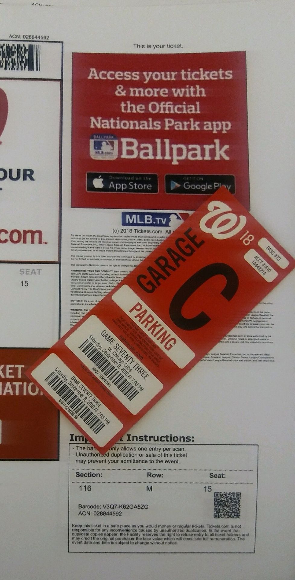 4 Washington Nationals Tickets with free parking