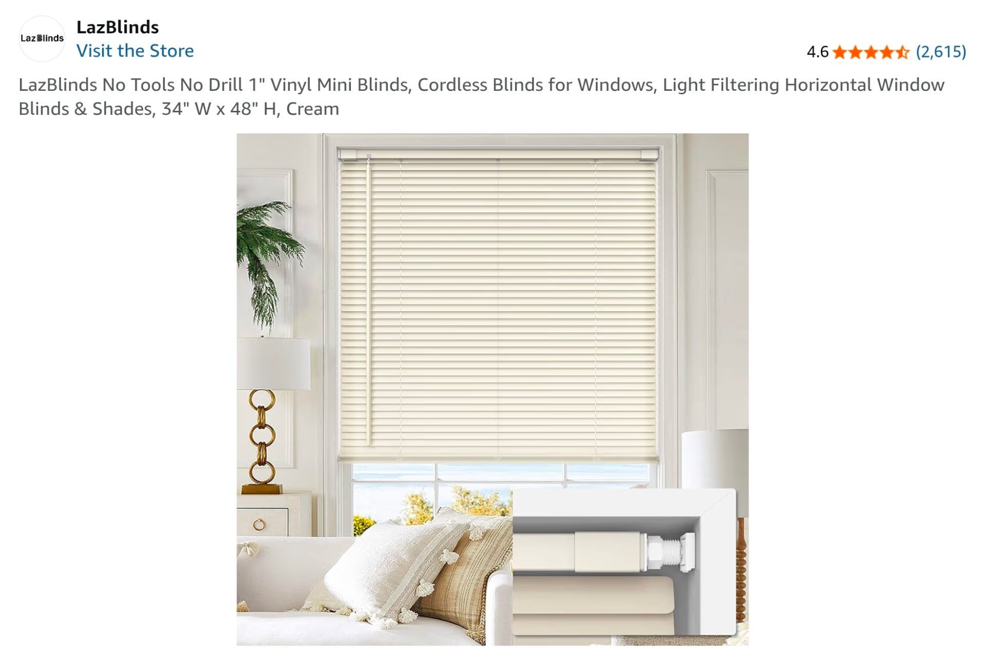 LazBlinds Cordless White 1" Room Darkening Vinyl Mini Blinds, 43" W X 48" H Horizontal Window Blinds for Home, Cordless Shades for Indoor Windows