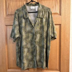 Vtg Kathie Lee Women’s Button Up Top Olive Green Floral Hawaiian Style 22W 24W 