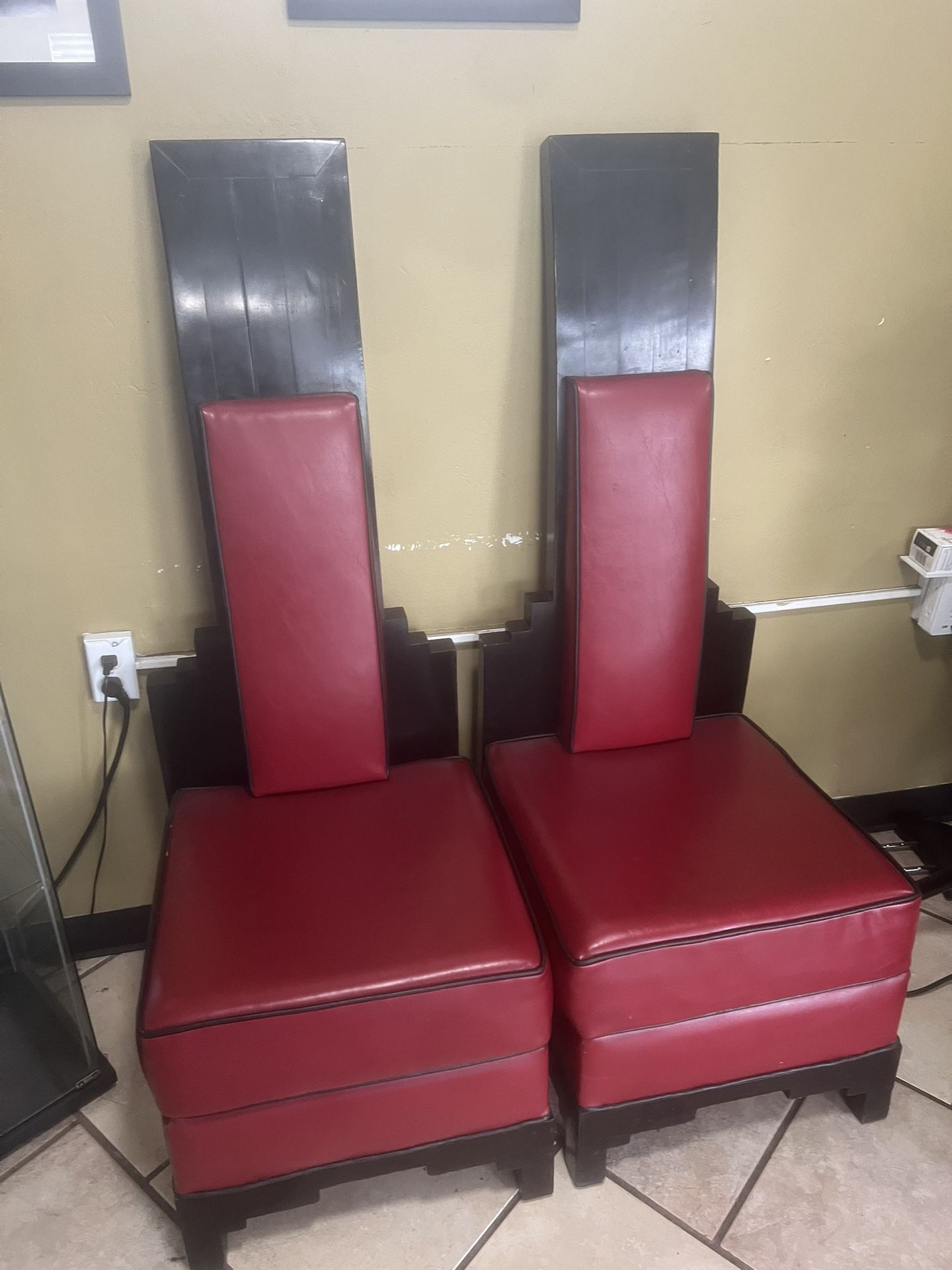 Set Of Solid Black Wood And Red Leather Contemporary Chairs