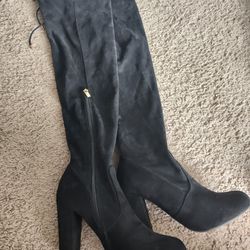 Size 10 Over The Knee Black Suede High Heeled Boots