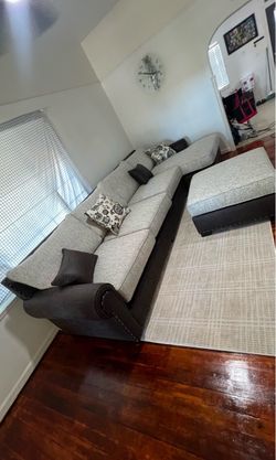 Labor Day Sale🔥Gray and Dark Brown Sectional Sofa with Ottoman🛋️No Credit Needed💵