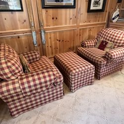 2 Custom Fully Upholstered Isenhour Arm Chairs With Matching Ottoman 