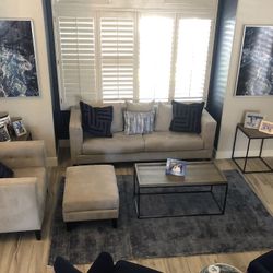 Complete Living Room Set – Sofa, Chair, Ottoman, Crate & Barrel Rug, Tables & Art 