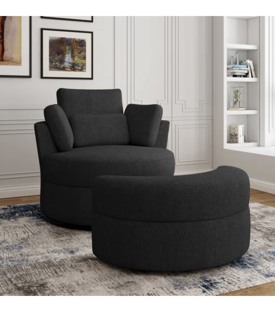 Black Swivel Barrel Chair With Ottoman