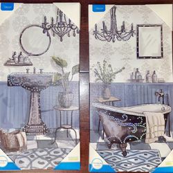 NEW Set of 2 Blinged out canvas Bathroom decor wall picture with sequins 7.87x15.75
