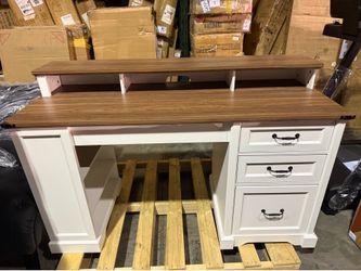 55'' Farmhouse Executive Desk with Drawers, Computer Desk with File Cabinet and Side Bookshelf, Writing Gaming Desk with Monitor Stand & Charging Stat