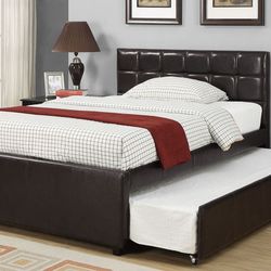 Full Twin Size Leatherette Trundle Bed W Ortho Mattress 