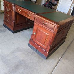 Antique Two Person Desk, Solid Wood With Green Leave Top 