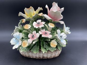 Capodimonte Vintage Flower Bouquet Oval Basket Centerpiece 12" x 10" x 8"