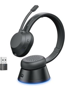 Wireless Headset with Mic for Work, Bluetooth Headset with Microphone (Noise Cancellation), Wireless Headset with USB Dongle & Charging Dock for Call 