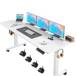 Electric Adjustable Standing Desk with Wheels, 63'' x 24''Sit Stand Table with Dual Crossbeam Structure and Mouse Pad, 27''-46'' Lifting Range Stand u