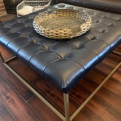 Navy Blue Tufted Leather Ottoman
