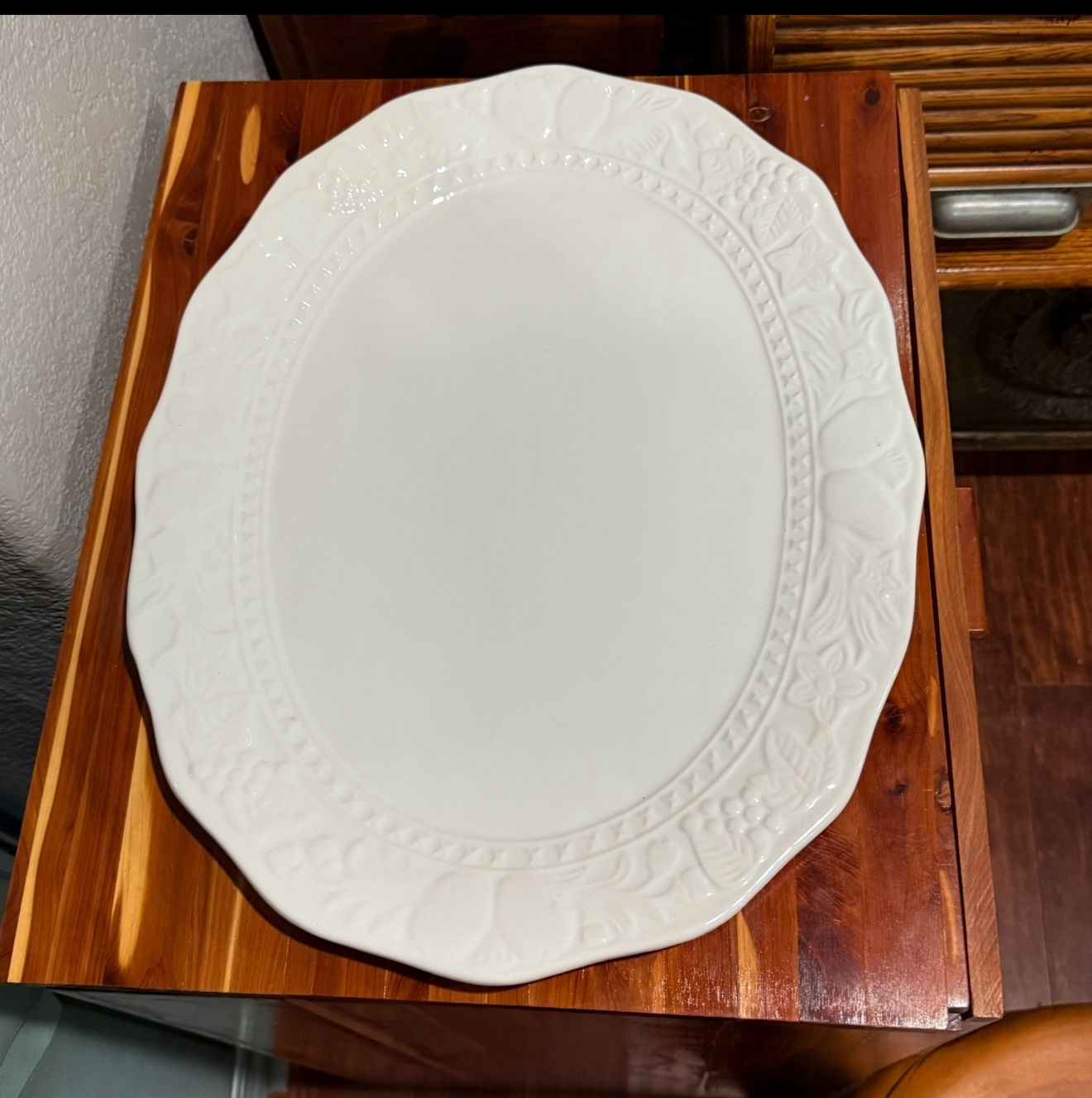 Large 18” Embossed White Ceramic Serving Platter