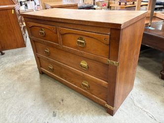 Vintage Campaign Style 4 Drawer Dresser with Bronze Swing Pulls
