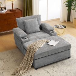 NEW Oversized Gray 38.6 in. Chenille Chaise Lounge with Charge Station, Cup Holders, Side Pockets, Flip-Top Storage Boxes