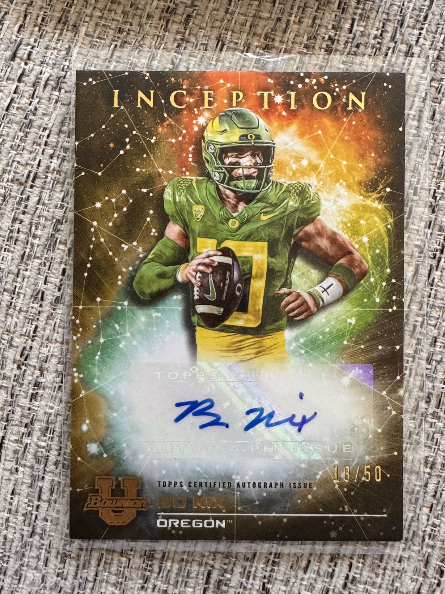 2023 Bo Nix U Bowman Inception Gold Auto Primordial /50 Oregon Ducks