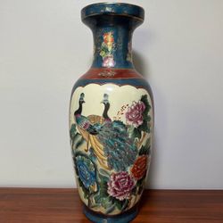 Antique Large Tall Chinese Porcelain Gold Trim Peacock Birds Flowers Decorative Jar Vase