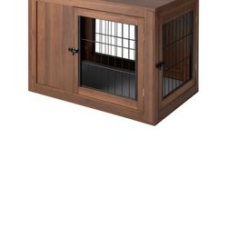 Dog Crate Furniture Wooden Pet Kennel Cage End Table w/ 2-Doors & Cushion Walnut