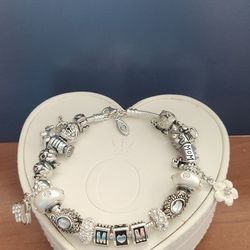 PANDORA CHARM BRACELET WITH UNBRANDED EUROPEAN BEADS 