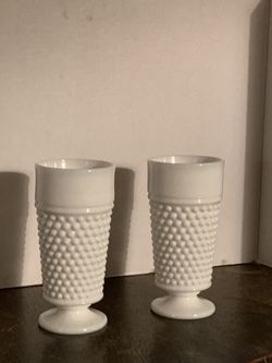 Four Vintage Milk Glass Hobnail Glasses