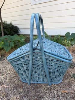 Large Vintage Blue Wicker Picnic Basket with Double Lids & Handles