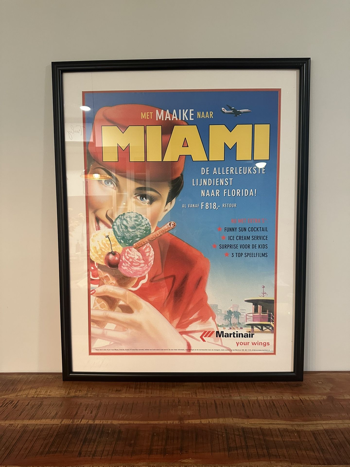 Vintage Martinair “Met Maaike naar Miami” Framed Airline Poster