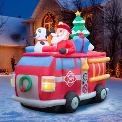 6.5 ft Christmas Inflatable Fire Truck Santa Yard Decoration Bright Internal Lights Fan Stakes and Ropes Firefighter Engine