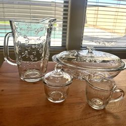 Vintage 1980 Embossed Floral Glass “Savannah” Anchor Hocking - Pitcher, 2qt Casserole Dish, Creamer