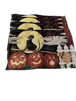 Set of 4 Tapestry Placemats,11”×16.5”HALLOWEEN,BLACK CAT,JACK-O-LANTERN PUMPKINS  Add a spooky touch to your dining table with this set of 4 tapestry 