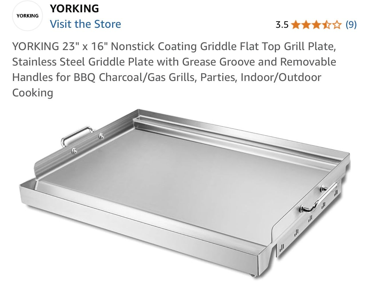 YORKING 23" x 16" Nonstick Coating Griddle Flat Top Grill Plate, Stainless Steel Griddle Plate with Grease Groove and Removable Handles for BBQ Charco