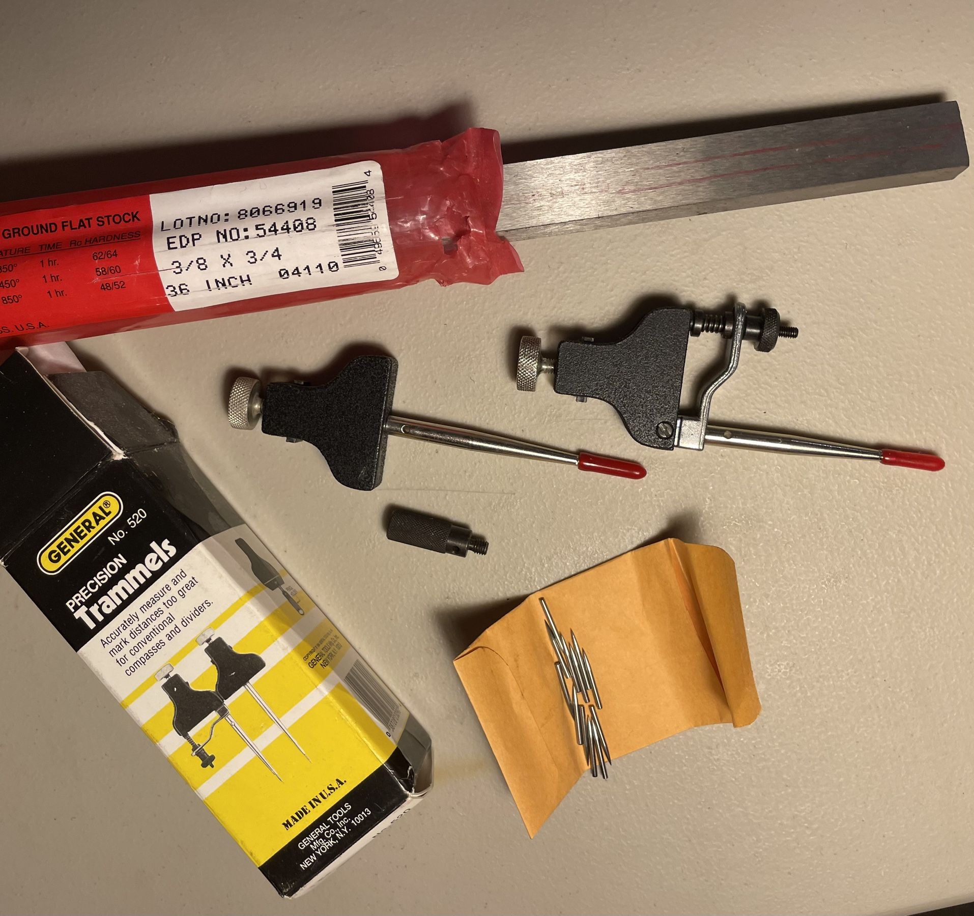 Precision Trammels & 36” Starrett Oil-Hardening Ground Flat Stock