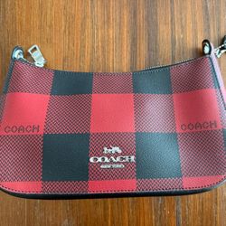 Coach C6818 Jes Baguette Crossbody With Buffalo Plaid Print in Black/ Red