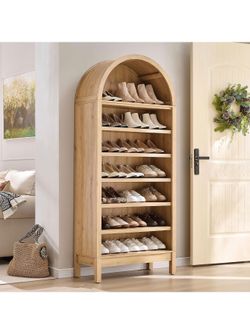 #E 71" Tall Arched Shoe Storage Cabinet, 7 Tiers Shoe Rack (Natural)