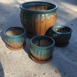Teal And Brown Cermaic Glazed Plant Pots / Containers
