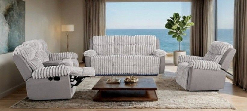 Brand New Grey Plush 3pc Reclining Sofa Set