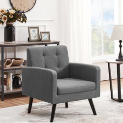 Modern Armchair Accent Chair Fabric Tufted with Rubber Wooden Leg, Dark Gray