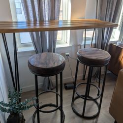 Tall Teak Wood Table with Wood Stools