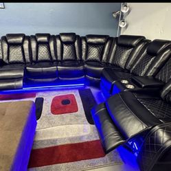 Power Electric Black Leather Fully Reclining Sectional Couch 