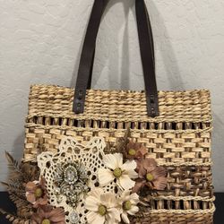 Woven Wicker Basket Purse with Embellishments