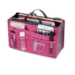 Women Multi-Pocket Travel Handbag Organizer Insert w Zipper Handles Purse Liner Rose Pink 