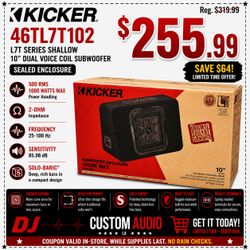 Kicker L7 Solo-Baric TL7T10 Shallow 10" Dual Voice Coil Subwoofer Sealed Box 1000 Watts 46TL7T102 🚨 Payment Options Available 🚨 No Credit Needed 🚨